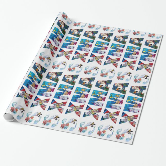 MUSICAL SANTA  AND SNOWMAN  XMAS NIGHT PARTY WRAPPING PAPER (Unrolled)