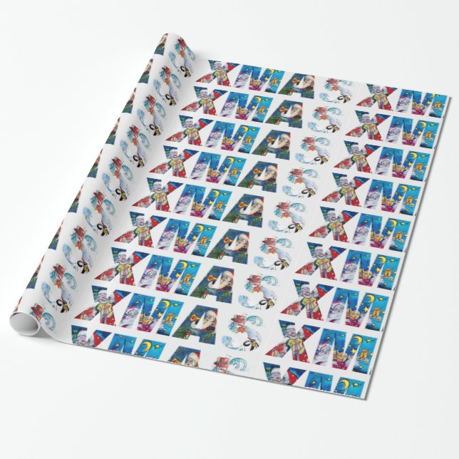 MUSICAL SANTA  AND SNOWMAN  XMAS NIGHT PARTY WRAPPING PAPER (Unrolled)