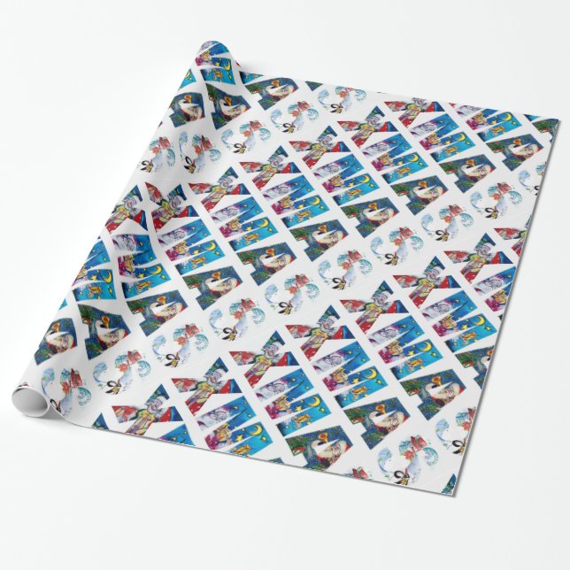 MUSICAL SANTA  AND SNOWMAN  XMAS NIGHT PARTY WRAPPING PAPER (Unrolled)