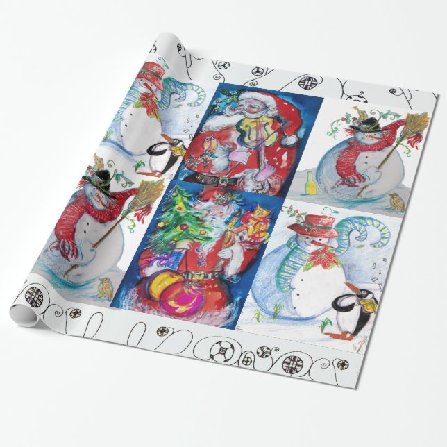 MUSICAL SANTA AND SNOWMEN CHRISTMAS HOLIDAYS WRAPPING PAPER (Unrolled)