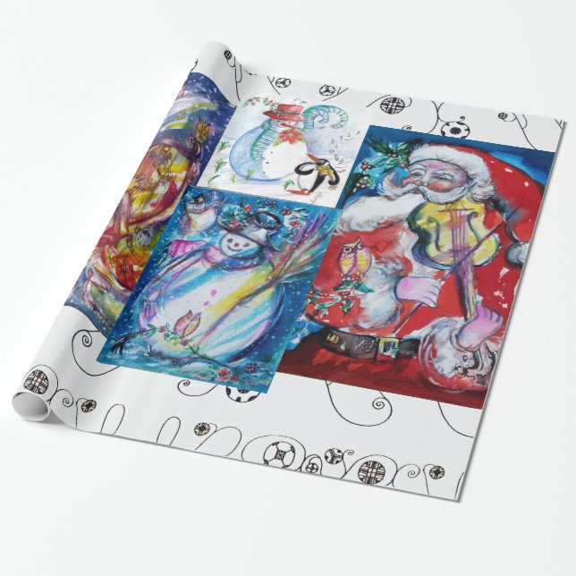 MUSICAL SANTA AND SNOWMEN CHRISTMAS PARTY WRAPPING PAPER (Unrolled)