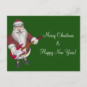 Musical Santa Claus With Red Electric Guitar Holiday Postcard