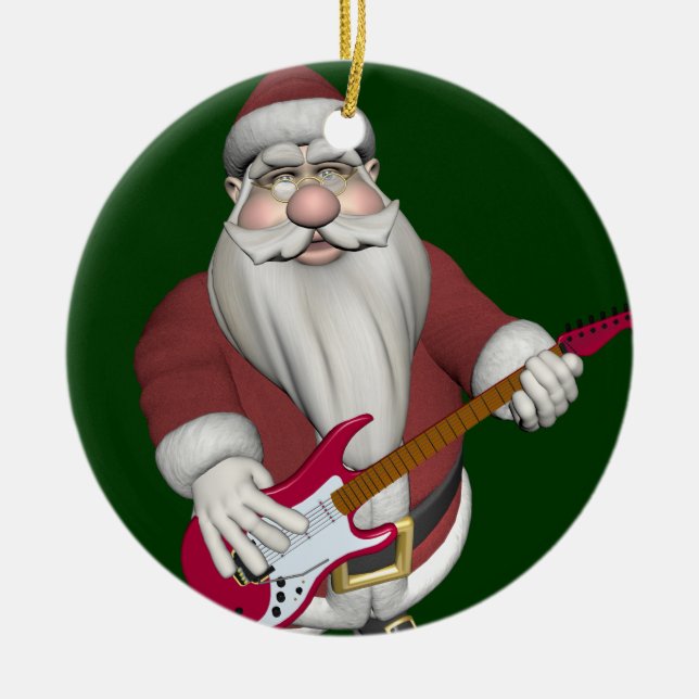 Musical Santa Playing Red Electric Guitar Ceramic Ornament (Front)