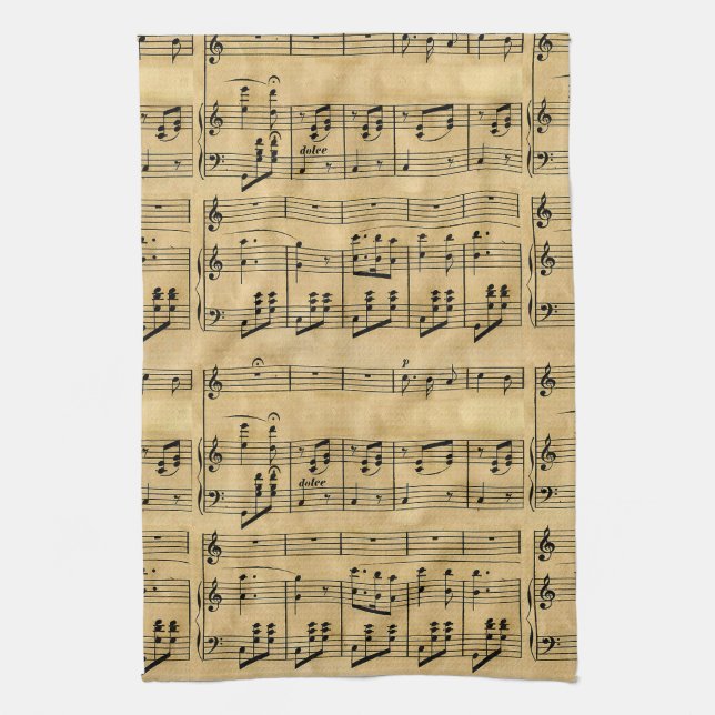 Musical Score Old Parchment Paper Design Tea Towel (Vertical)