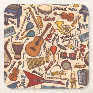 Musical Sketch: Colorful Vintage Seamless. Square Paper Coaster