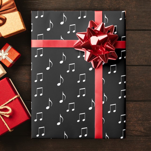 Musical Theme elegant Black White Music Notes Wrapping Paper (Musical themed roll of gift wrapping paper with various white music notes on black.)