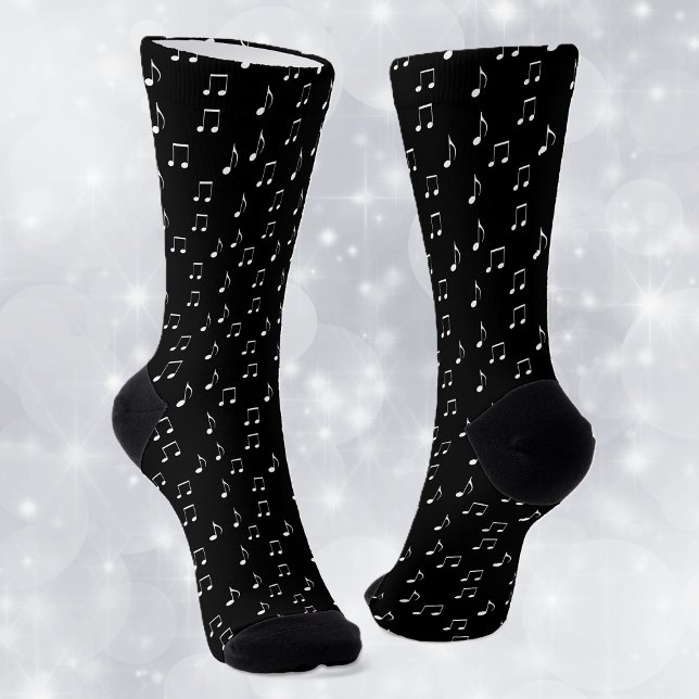 Musical Theme White Music Notes on black Socks (Musical themed crew socks with various white music notes on black socks.)