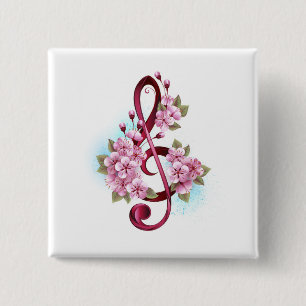 Musical treble clef notes with Sakura flowers 15 Cm Square Badge