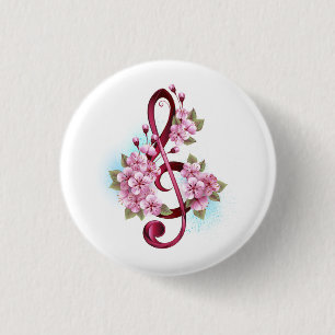 Musical treble clef notes with Sakura flowers 3 Cm Round Badge