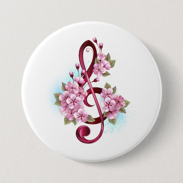 Musical treble clef notes with Sakura flowers 7.5 Cm Round Badge (Front)