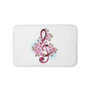 Musical treble clef notes with Sakura flowers Bath Mat