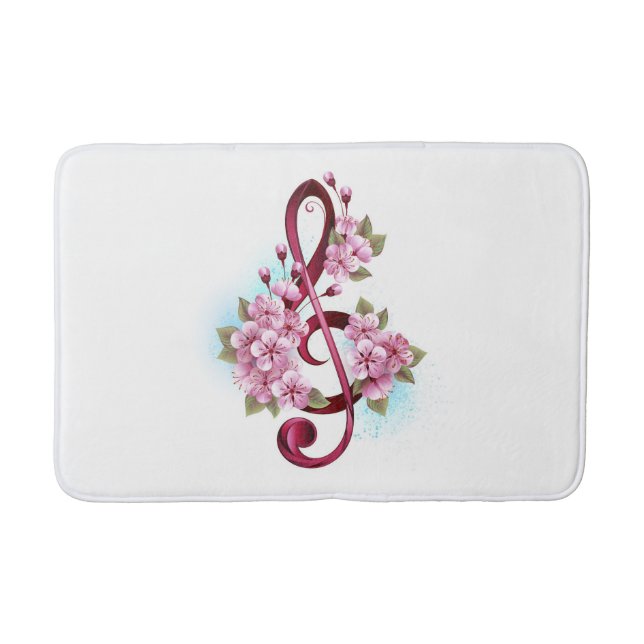 Musical treble clef notes with Sakura flowers Bath Mat (Front)