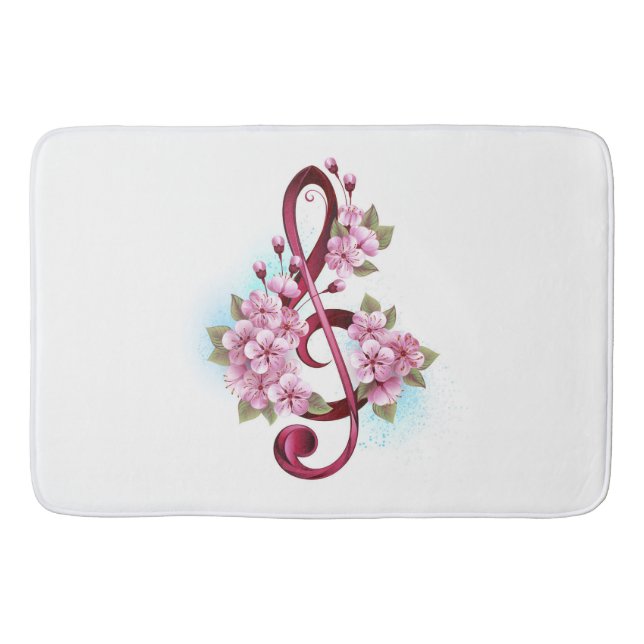 Musical treble clef notes with Sakura flowers Bath Mat (Front)