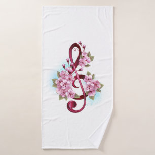Musical treble clef notes with Sakura flowers Bath Towel
