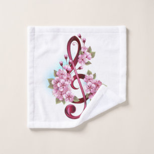 Musical treble clef notes with Sakura flowers Bath Towel Set