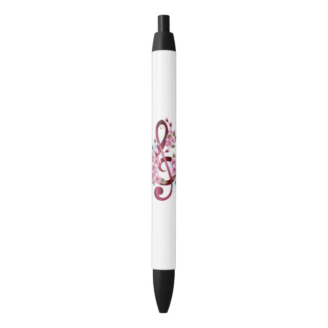 Musical treble clef notes with Sakura flowers Black Ink Pen (Front Vertical)