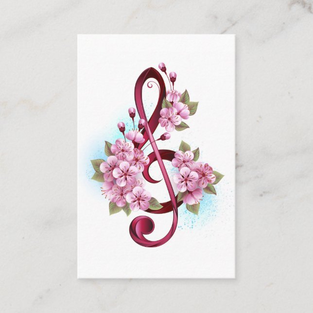 Musical treble clef notes with Sakura flowers Business Card (Front)