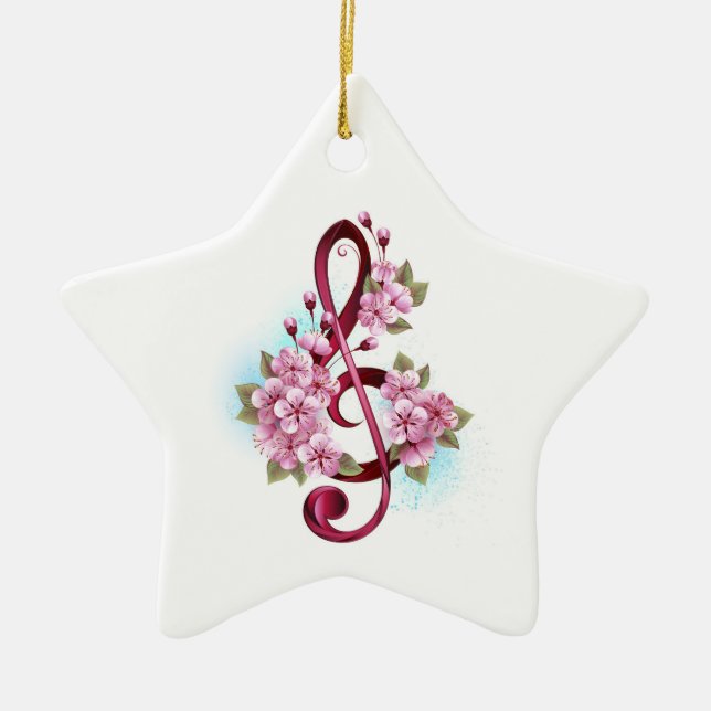 Musical treble clef notes with Sakura flowers Ceramic Ornament (Front)