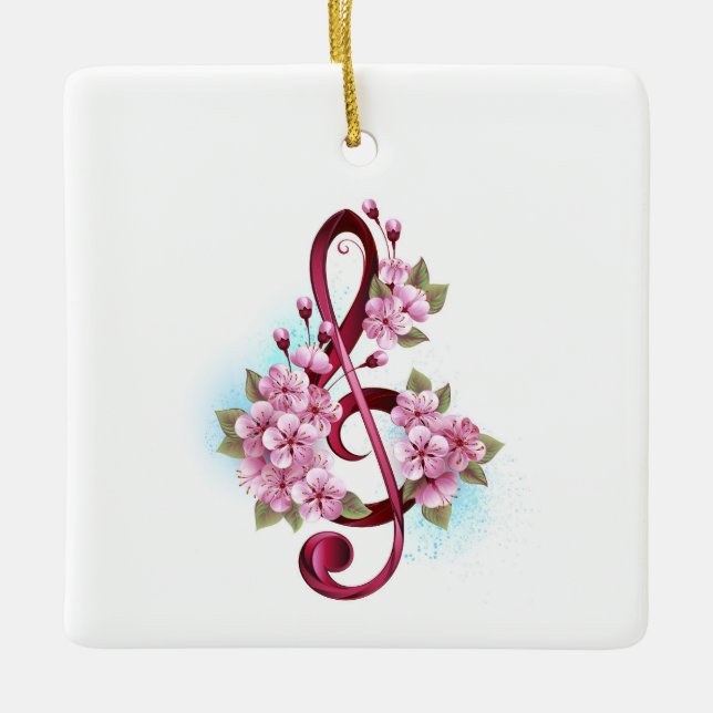 Musical treble clef notes with Sakura flowers Ceramic Ornament (Front)