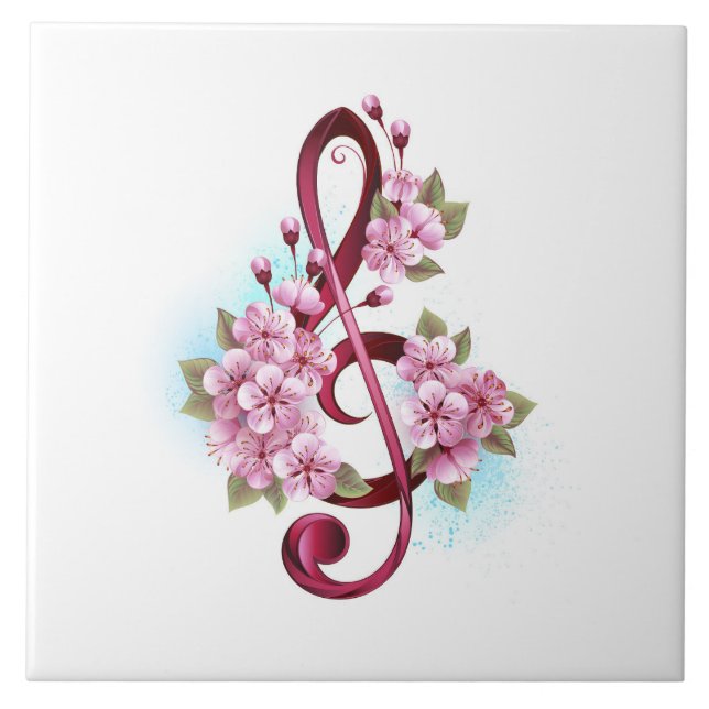 Musical treble clef notes with Sakura flowers Ceramic Tile (Front)