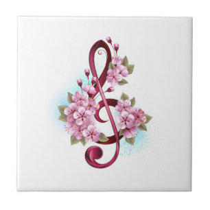 Musical treble clef notes with Sakura flowers Ceramic Tile