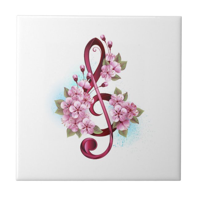 Musical treble clef notes with Sakura flowers Ceramic Tile (Front)