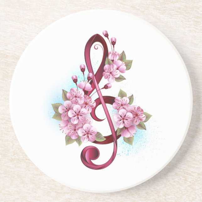 Musical treble clef notes with Sakura flowers Coaster (Front)