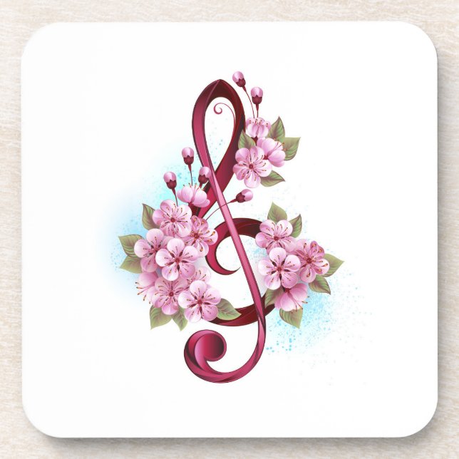 Musical treble clef notes with Sakura flowers Coaster (Front)