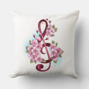 Musical treble clef notes with Sakura flowers Cushion