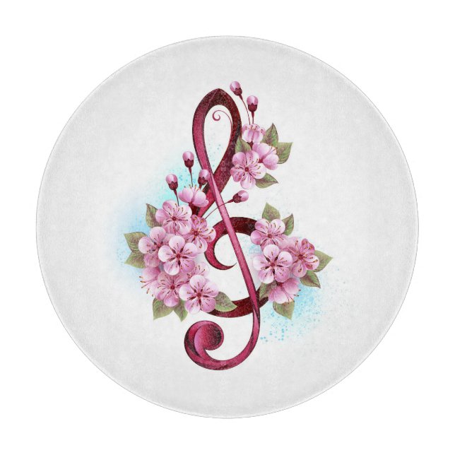 Musical treble clef notes with Sakura flowers Cutting Board (Front)