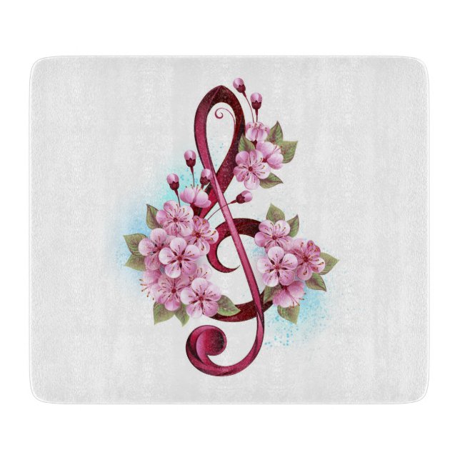 Musical treble clef notes with Sakura flowers Cutting Board (Front)