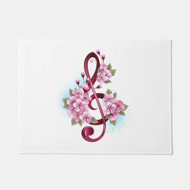 Musical treble clef notes with Sakura flowers Doormat (Front)