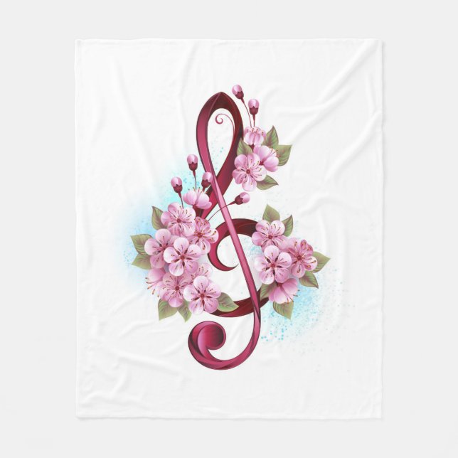 Musical treble clef notes with Sakura flowers Fleece Blanket (Front)