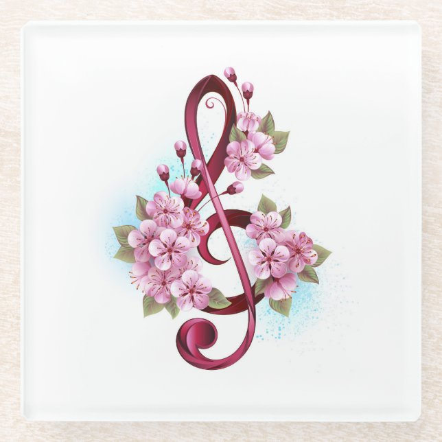 Musical treble clef notes with Sakura flowers Glass Coaster (Front)