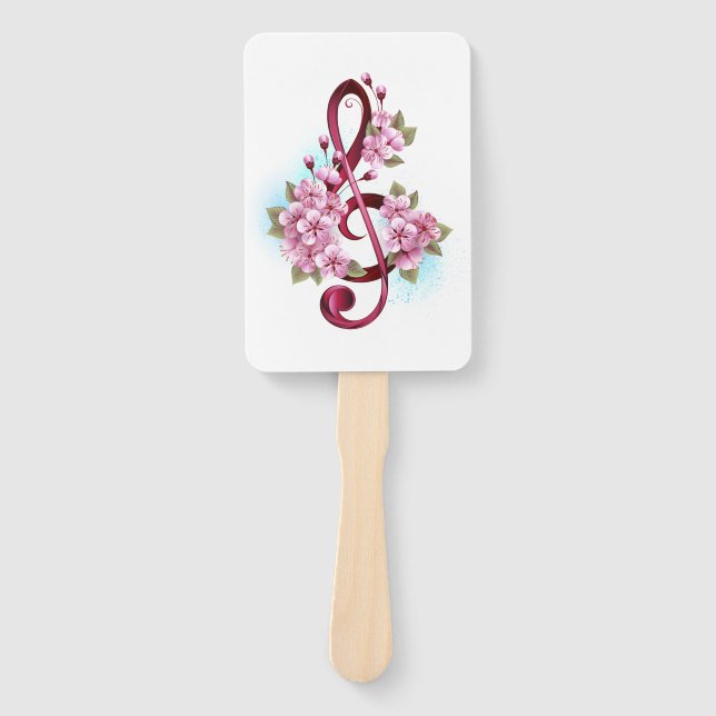 Musical treble clef notes with Sakura flowers Hand Fan (Front)