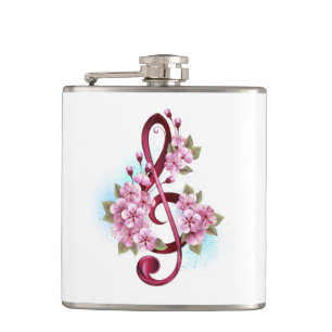 Musical treble clef notes with Sakura flowers Hip Flask