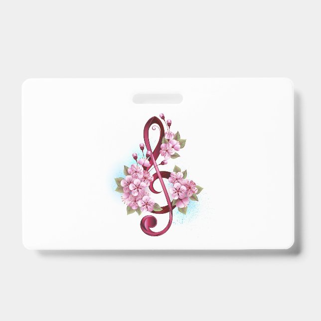 Musical treble clef notes with Sakura flowers ID Badge (Front)