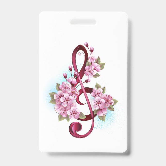 Musical treble clef notes with Sakura flowers ID Badge (Front)