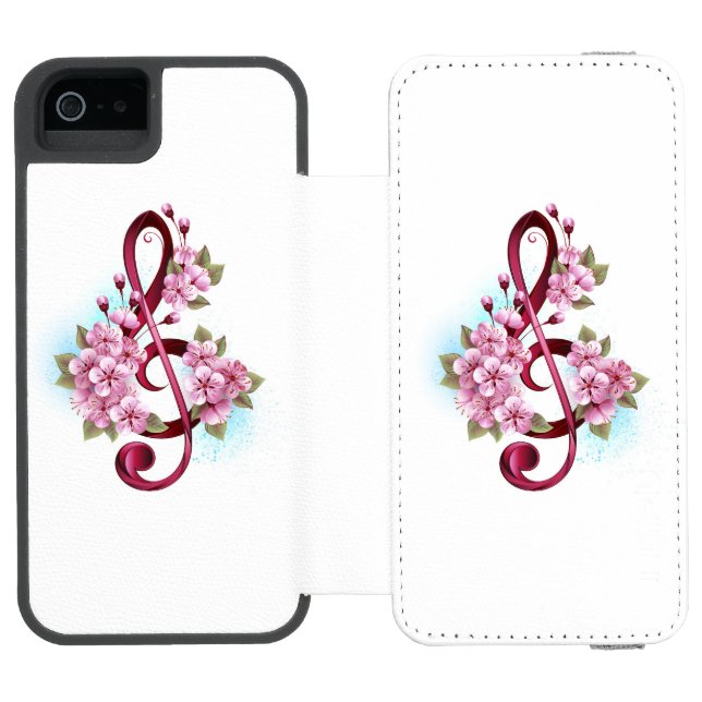 Musical treble clef notes with Sakura flowers Incipio iPhone Wallet Case (Folio Open)