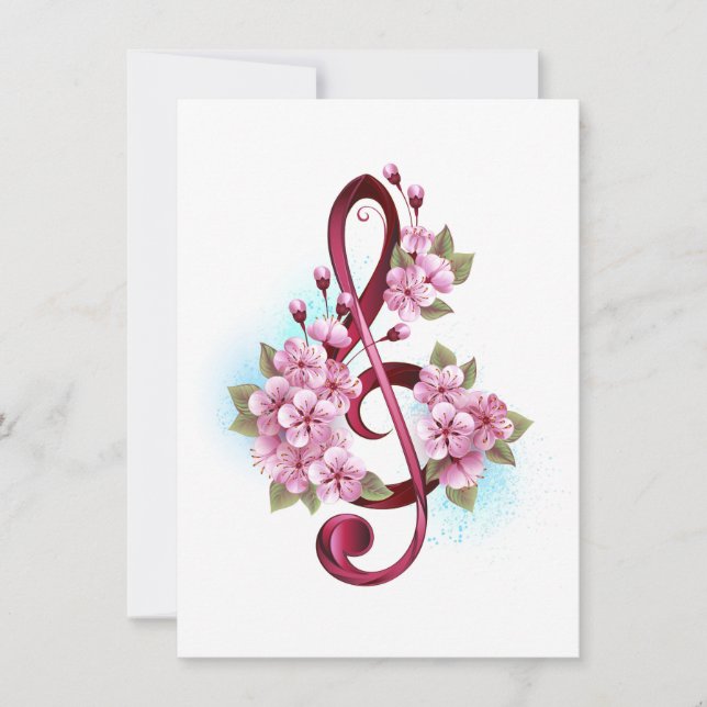 Musical treble clef notes with Sakura flowers Invitation (Front)