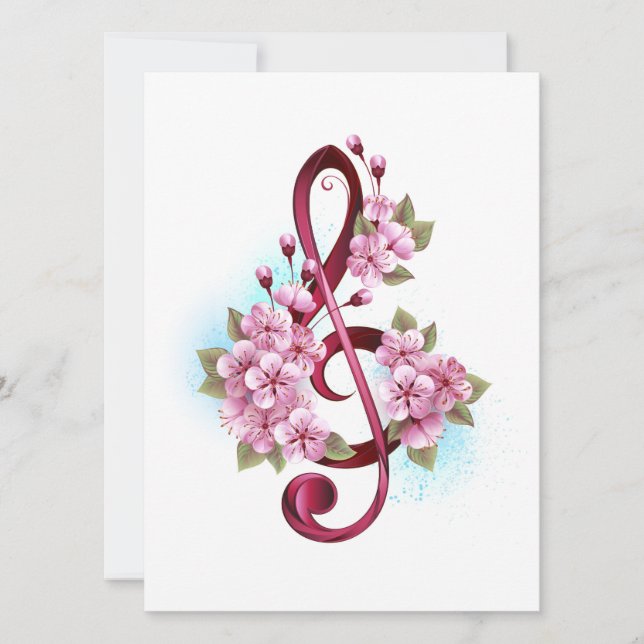Musical treble clef notes with Sakura flowers Invitation (Front)