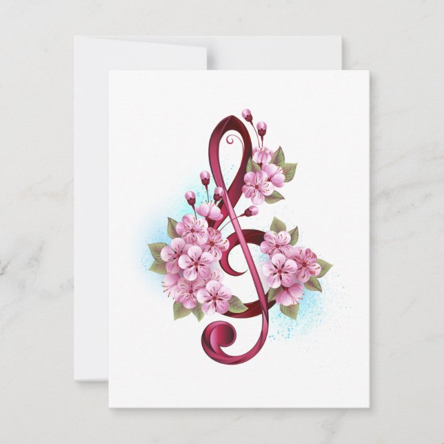 Musical treble clef notes with Sakura flowers Invitation (Front)