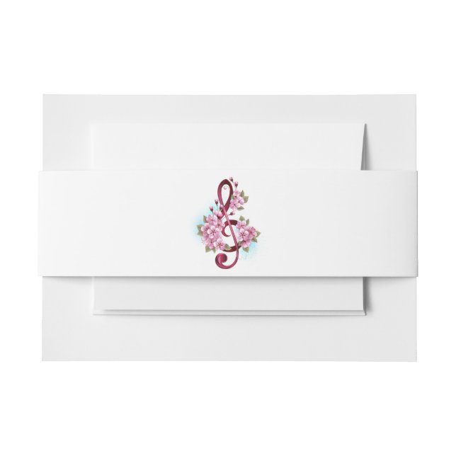 Musical treble clef notes with Sakura flowers Invitation Belly Band (Front Example)