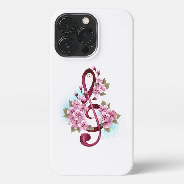 Musical treble clef notes with Sakura flowers iPhone Case (Back)