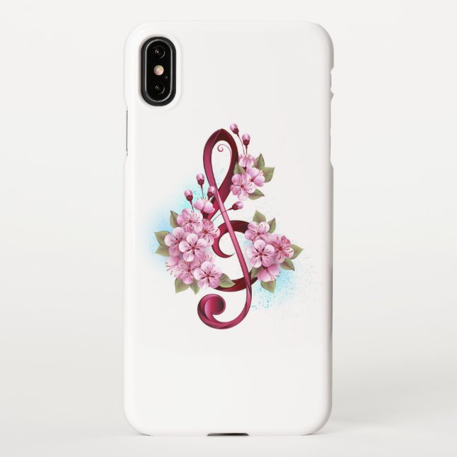 Musical treble clef notes with Sakura flowers iPhone Case (Back)