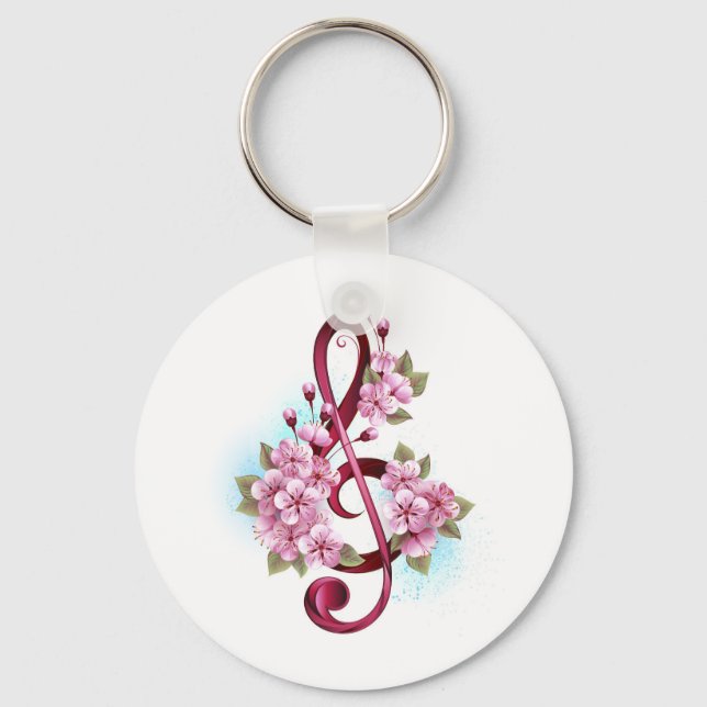 Musical treble clef notes with Sakura flowers Key Ring (Front)