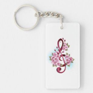 Musical treble clef notes with Sakura flowers Key Ring