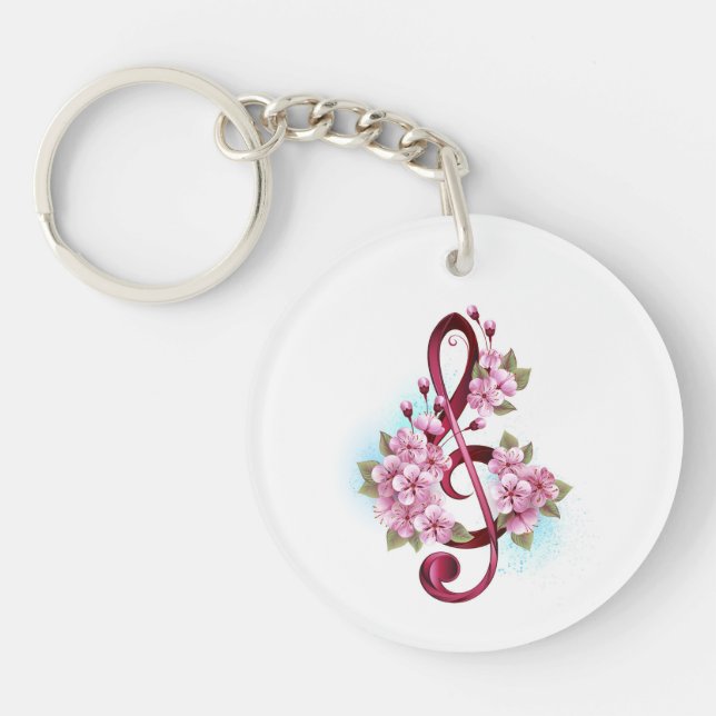 Musical treble clef notes with Sakura flowers Key Ring (Front)