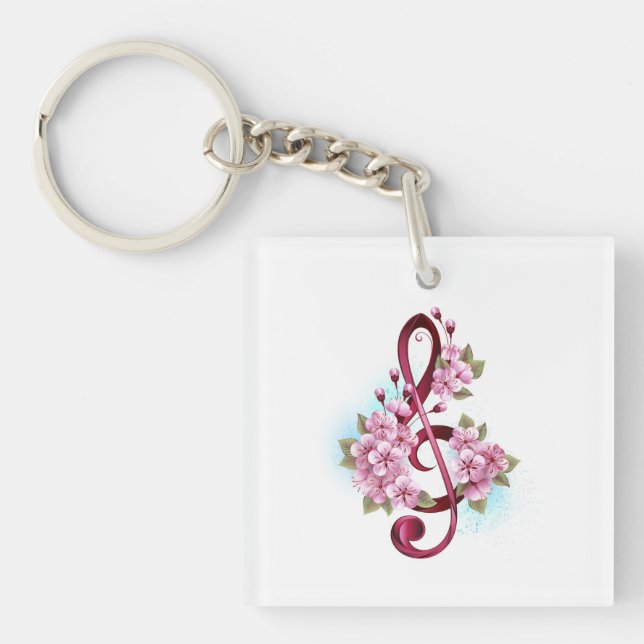 Musical treble clef notes with Sakura flowers Key Ring (Front)