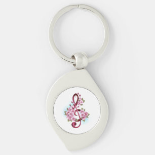 Musical treble clef notes with Sakura flowers Key Ring